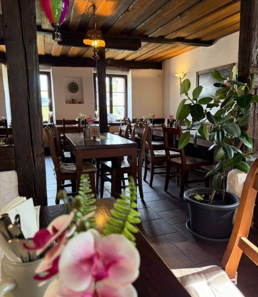 Gemütlicher Gastraum der Zaussenmühle in Pegnitz mit historischen Holzbalken und Holztischen